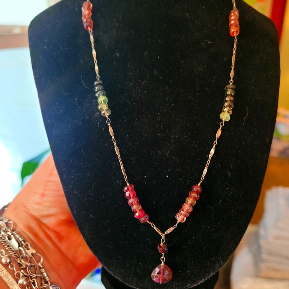 Handmade silver with faceted Amethyst and Peridot beads 16 in